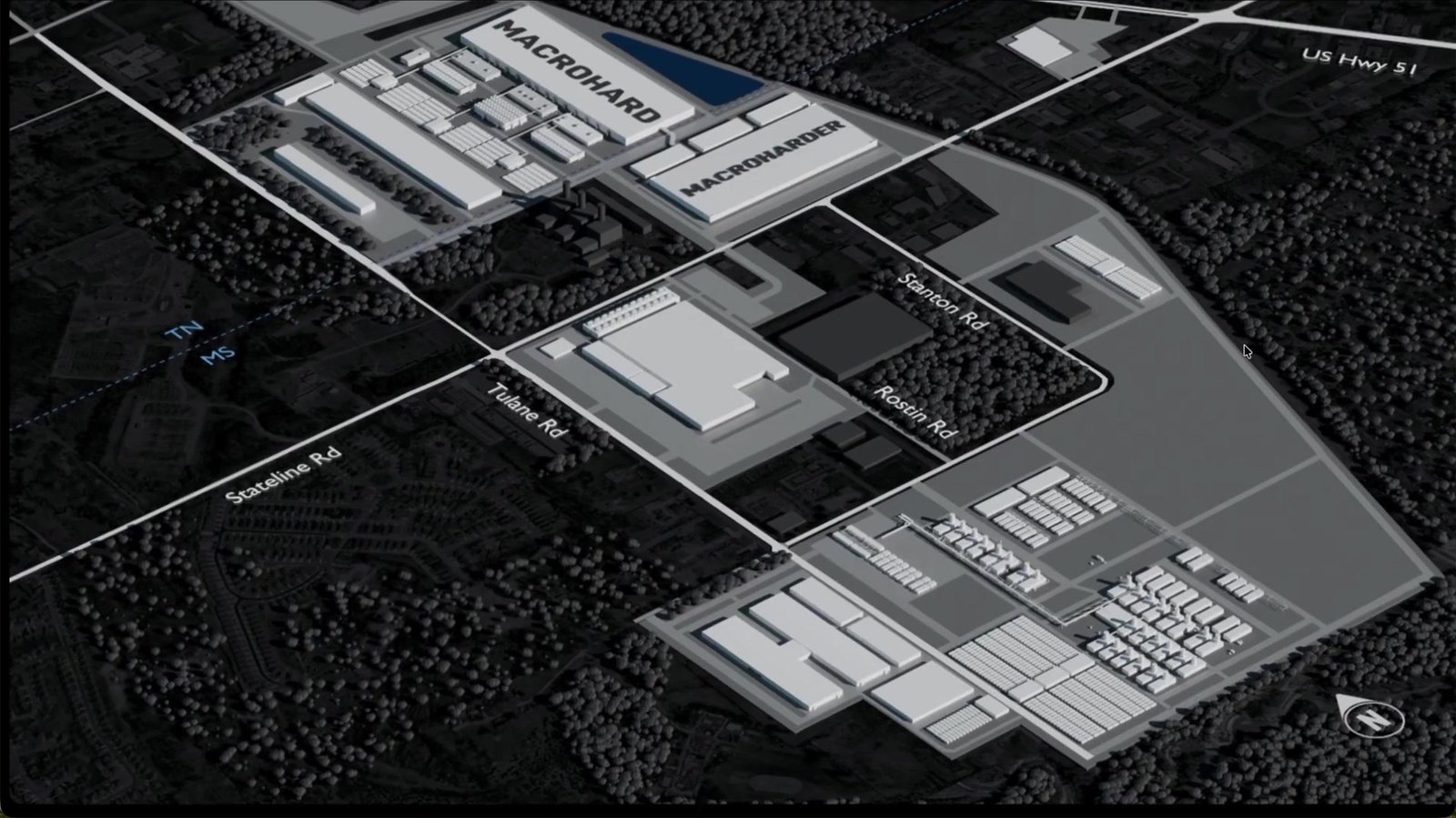 Wizualizacja kampusu SpaceX AI w Memphis i Southaven z halami Macrohard i Macroharder